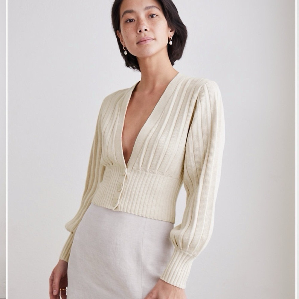 Aritzia Wilfred Plunge Front V-Neck Cropped Cardigan XXS Cream Wool Blend Ribbed